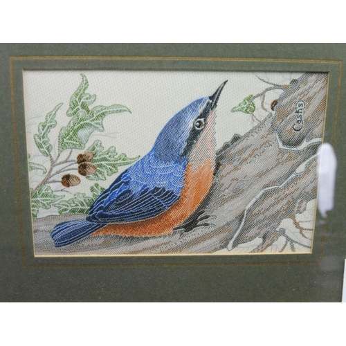 13 - Four Wall Hanging Framed and Glazed Woven Silk Birds of Britain Pictures Nuthatch, Wren, Blackbird a... 