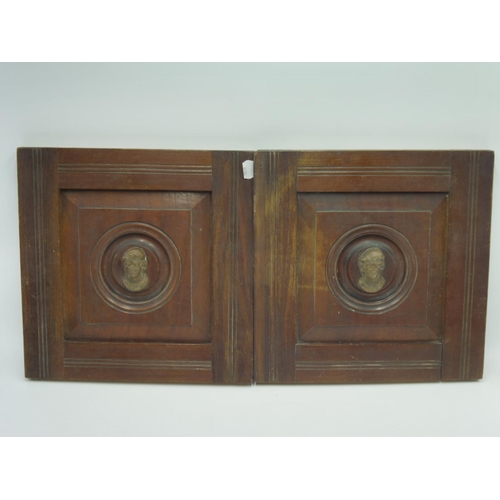 104 - Pair of Small Antique Mahogany Door Panels with Man's Head in the Centre 33 x 33cm