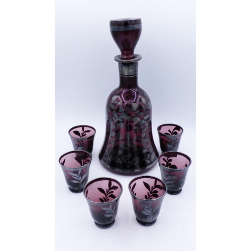 Vintage 1950s Red Venetian Murano Decanter Set Silver patterning