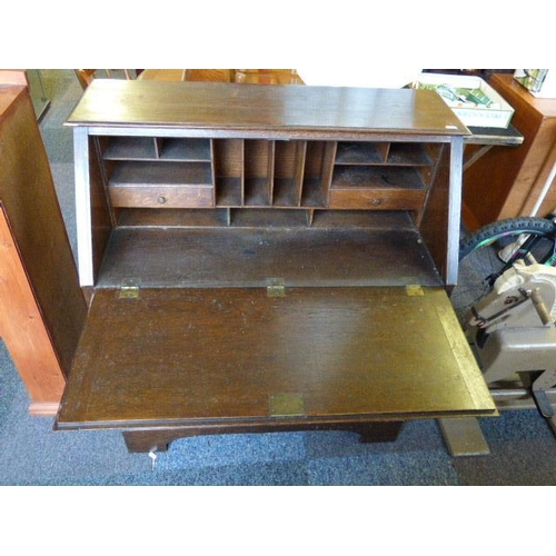 677 - Vintage Dark Oak Bureau with Three Drawers & Fall Front Writing Desk a/f  41