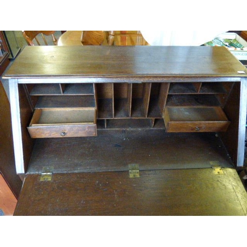 677 - Vintage Dark Oak Bureau with Three Drawers & Fall Front Writing Desk a/f  41