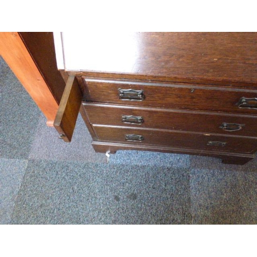 677 - Vintage Dark Oak Bureau with Three Drawers & Fall Front Writing Desk a/f  41