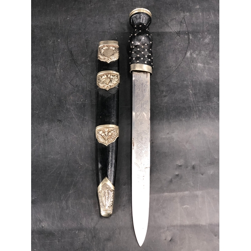 40 - Scottish Military Pipers Dirk with Thistle etched Blade and Scabbard with Metal Mounts (43cm Long)