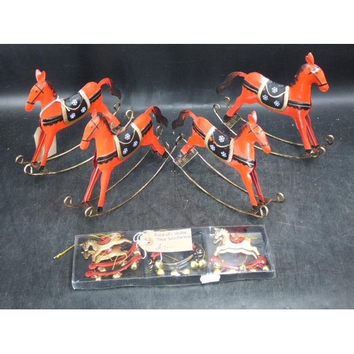 655 - Four Tin Plate Christmas Themed Rocking Horses and a Set of Rocking Horse Tree Decorations