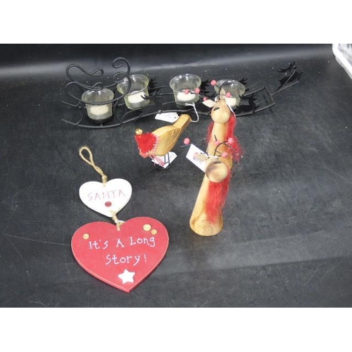 660 - Selection of Christmas Decorations including Sleigh Candle Holder, Wooden Reindeer, Wall Sign and Bi... 