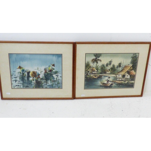 718 - A Pair of Framed and Glazed Oriental Paintings. One is Signed Yeng. 20 x 16 inches Frame Size