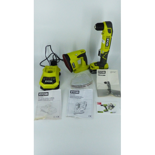 658 - Ryobi 18v Sander and Cordless angle Drill including Charger, Disks and Paperwork (One Battery Fits A... 