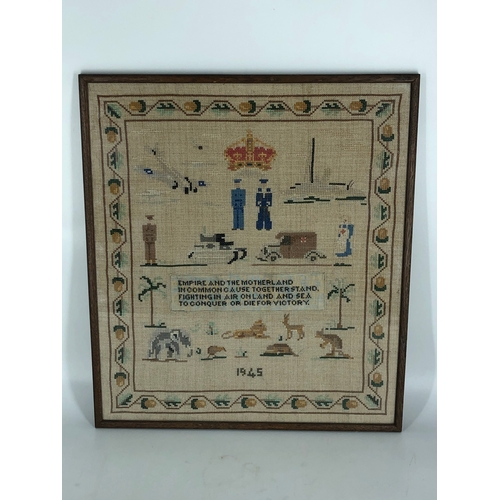 41 - Frame and Glazed WWII Embroidered Sampler with a Warship, Aircraft, Tank, Ambulance, Crown, Animals ... 