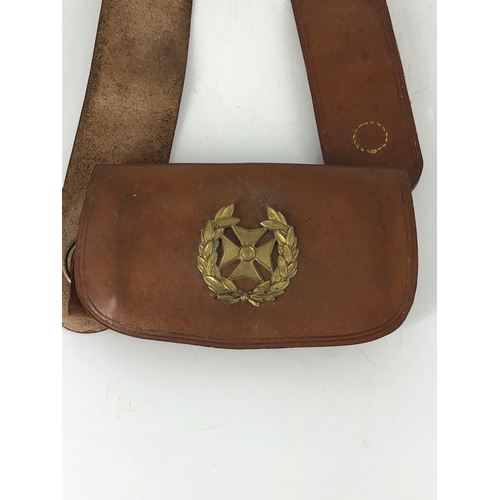 53 - Brown Leather British Military shoulder Cross Belt and Pouch With Brass Badge