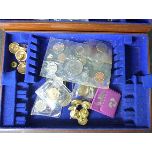 14 - Vintage Velvet Lined wooden Box with Brass Plaque complete with Collection of Coinage