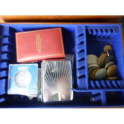 14 - Vintage Velvet Lined wooden Box with Brass Plaque complete with Collection of Coinage