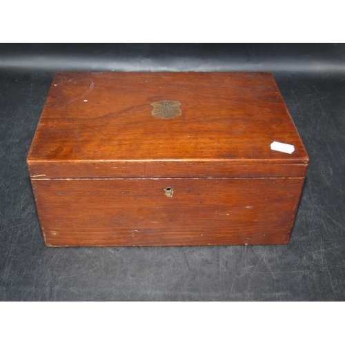 14 - Vintage Velvet Lined wooden Box with Brass Plaque complete with Collection of Coinage