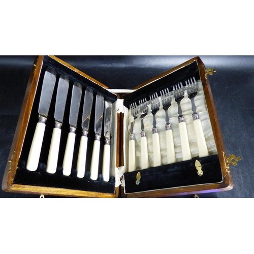 42 - Lovely Boxed (wooden) Fish knife & fork set and a Boxed Carving set