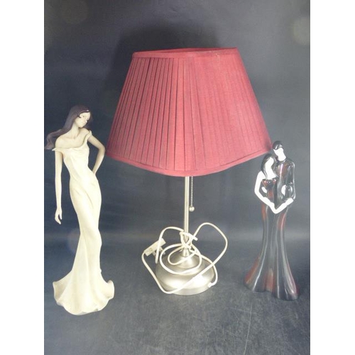 164 - Table Lamp with Chain Pull and Shade together with two Contemporary Figurines (Tallest 18