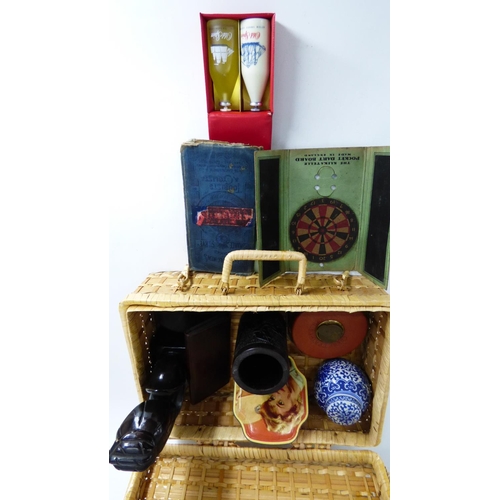 171 - Rattan Basket and contents Includes Treen, Old Spice Set, Ordanence Survey Cloth Map , Leather Cased... 