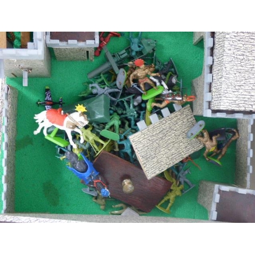 111 - A Vintage Wooden Castle With Platform Carry Case and Loads of Soldiers. Features Working Port Cullis... 