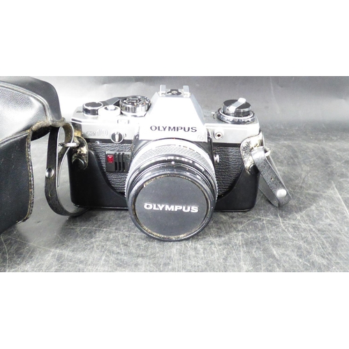 410 - Olympus OM10 SLR Camera with 50mm Lens and Case