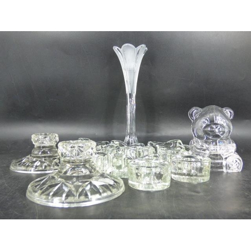 443 - Selection of Glass Candle Holders including Bear Tea Light, Pair of Crystal Candle Holders, Tulip an... 