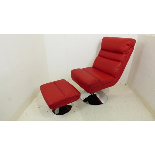 588 - Mid Century Style Faux Red Leather Swivel Chair with Matching Foot Stool