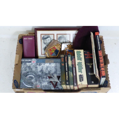 629 - Box of Military Items to include Glass Tankard, Plaques, Books and more