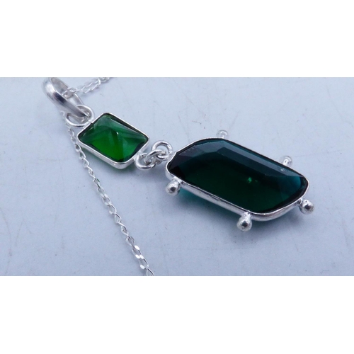 286 - Silver 925 Twin Green Stoned Pendant with Chain and Presentation Box