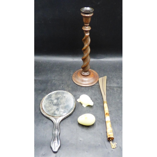 168 - Hallmarked Chester Silver Art Nouveau Mirror, Oak Barley Twist Candlestick, Marble and More
