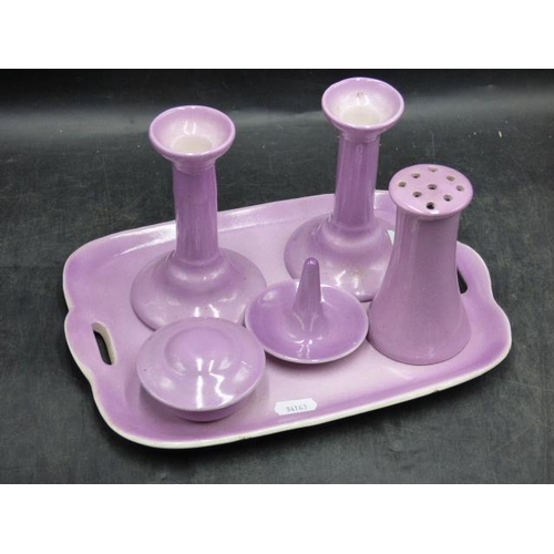 175 - Purple Pottery Empire Ware Dressing Table Set to include Candlesticks