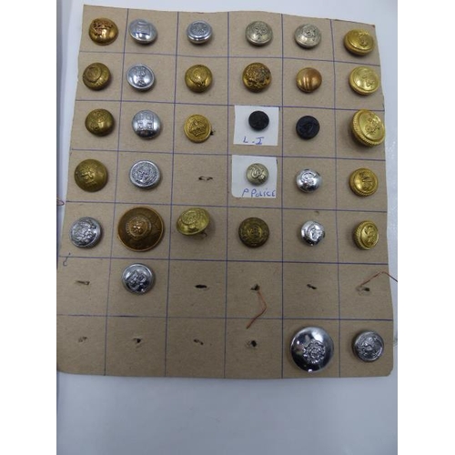 113 - Six Cards of uniform buttons from 19th century onwards. Mainly British Army, some Naval and Police