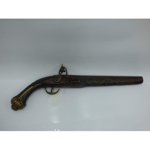 118 - Vintage Turkish flintlock pistol with brass inlaid decoration. 44cm Long