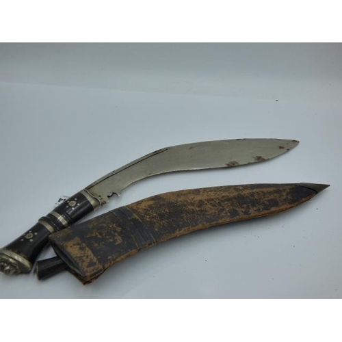 144 - Vintage Gurkha Kukri knife with scabbard and one small knife 41cm long