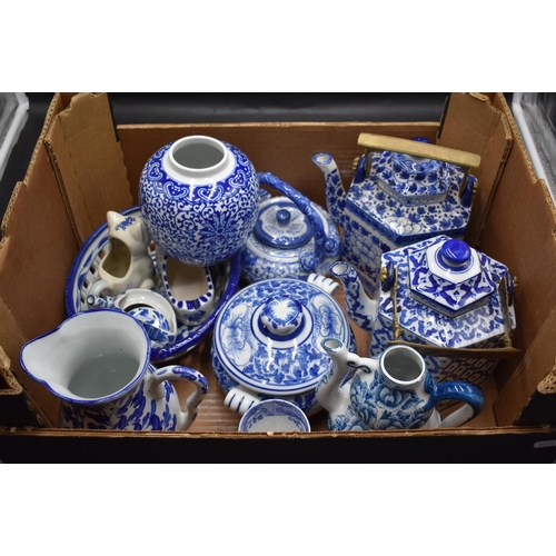 62 - Large Selection of Chinese Blue and White including 3 Tea Pots, Basket, Copeland Spode Mug and More