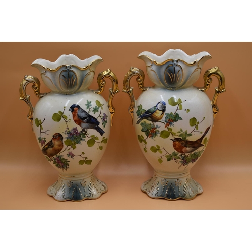 75 - Matching Pair of Bird themed and Gold coloured Twin Handled Vases (12