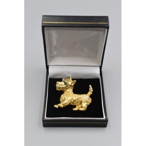 3 - Gold Coloured Scotty Dog Brooch with Green Gemstone Eyes in Presentation Box