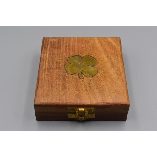 33 - Brass Lucky Horse Shoe housed inside a Wooden Display Box inlaid with Four Leaf Clover (Case 4