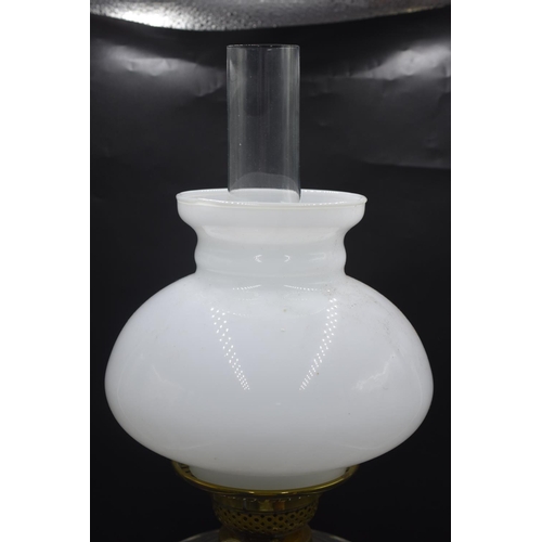 79 - Corinthian Brass Column Oil Lamp with Milk Glass Shade and Clear Glass Chimney (29