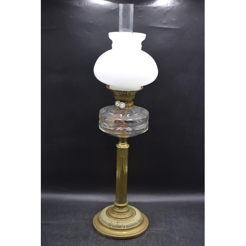 79 - Corinthian Brass Column Oil Lamp with Milk Glass Shade and Clear Glass Chimney (29