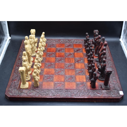 109 - Chess Set Depicting Characters from Ancient Greek Mythology on Large Wooden Decorative Board (60cm x... 