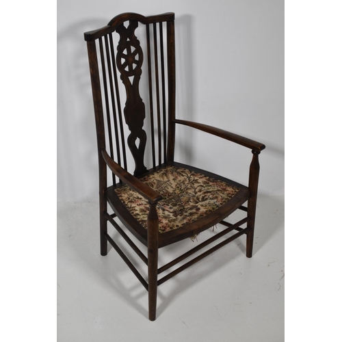 154 - Arts & Crafts Fireside/Nursing Elbow Chair with Lattice Back and inset Star Carving, Button Secured ... 