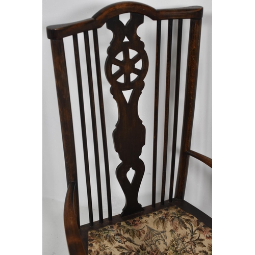 154 - Arts & Crafts Fireside/Nursing Elbow Chair with Lattice Back and inset Star Carving, Button Secured ... 