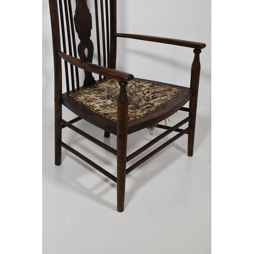 154 - Arts & Crafts Fireside/Nursing Elbow Chair with Lattice Back and inset Star Carving, Button Secured ... 