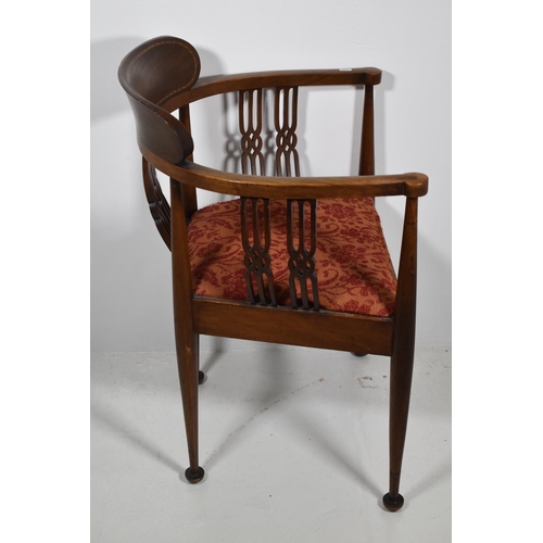 158 - Edwardian Tub Chair with Inlaid on the Back Rest and Carved Fretwork