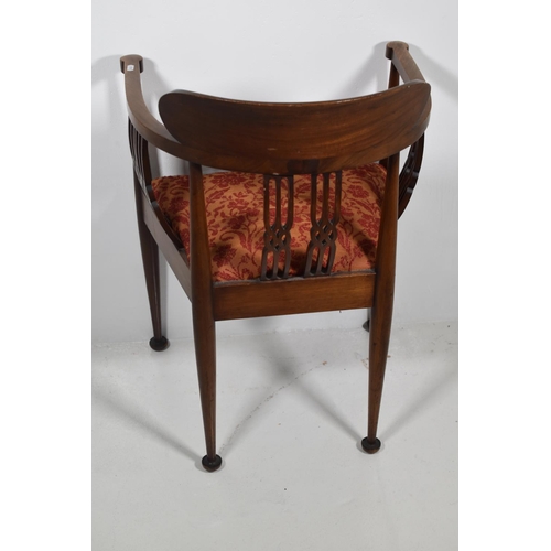 158 - Edwardian Tub Chair with Inlaid on the Back Rest and Carved Fretwork