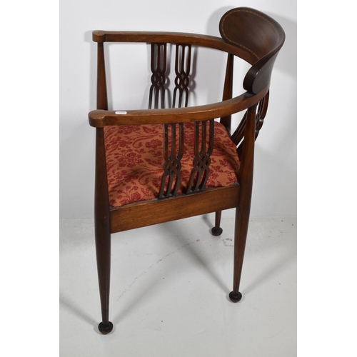 158 - Edwardian Tub Chair with Inlaid on the Back Rest and Carved Fretwork