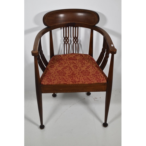 158 - Edwardian Tub Chair with Inlaid on the Back Rest and Carved Fretwork