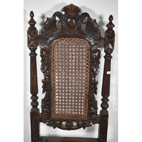 163 - Antique C19th Carved High Backed Hall chair Gothic Style with Rattan Seat and Back