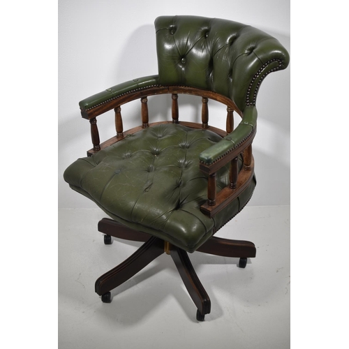 166 - Chesterfield Style Green Leather Captains Chair