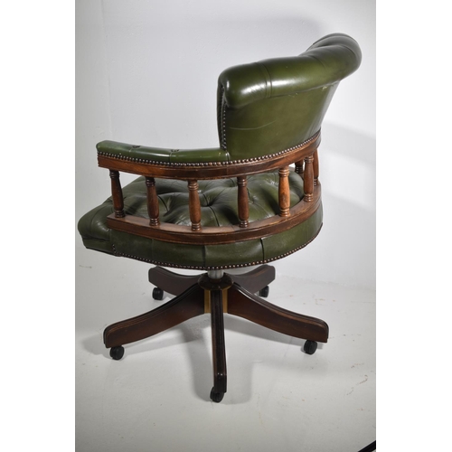 166 - Chesterfield Style Green Leather Captains Chair