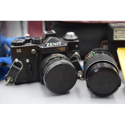 184 - Zenit 11 SLR 35mm Camera with 2 Lenses, Flash Unit and Case