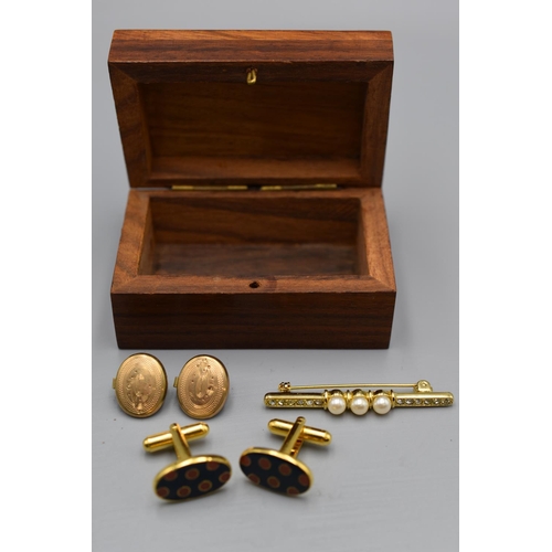 66 - Brass Inlaid Moon and Stars Trinket Box with Contents including Cufflinks