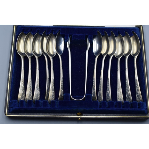 112 - Hallmarked London 13 Piece Silver Tea Spoon and Sugar Tongue Set in Presentation Case